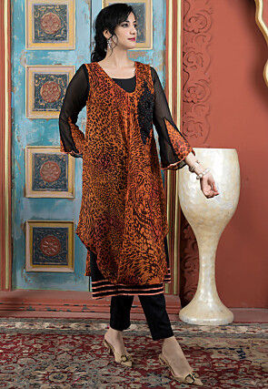 Digital Printed Georgette Layered Kurta in Rust and Black