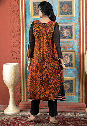 Digital Printed Georgette Layered Kurta in Rust and Black