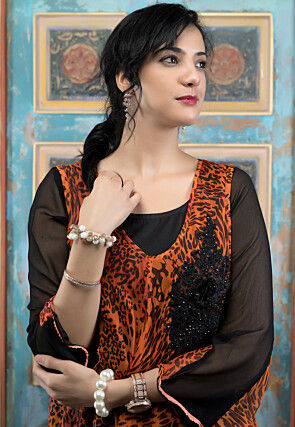 Digital Printed Georgette Layered Kurta in Rust and Black