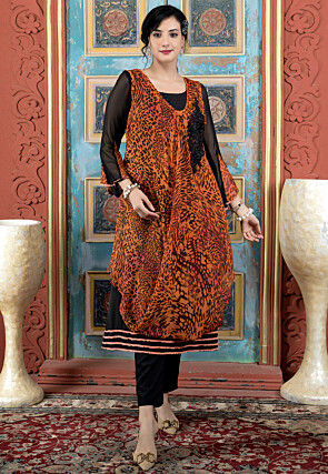 Digital Printed Georgette Layered Kurta Set in Rust and Black