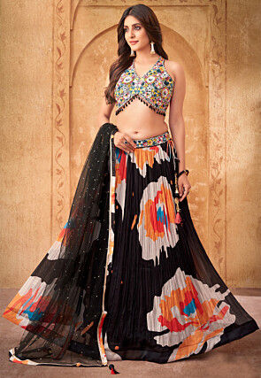 Digital Printed Georgette Lehenga in Black and Multicolor