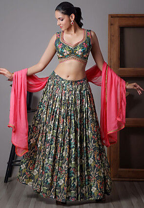 Digital Printed Georgette Lehenga in Black
