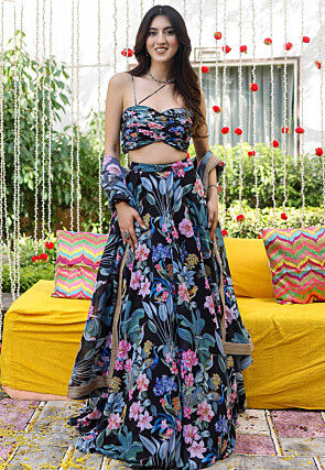 Digital Printed Georgette Lehenga in Black