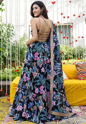 Digital Printed Georgette Lehenga in Black