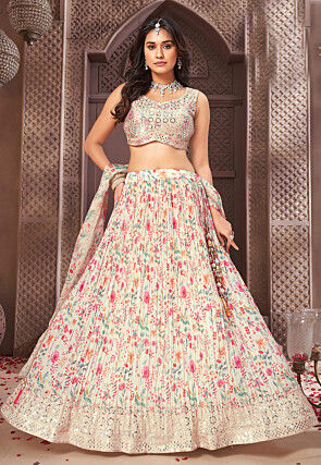 Digital Printed Georgette Lehenga in Cream