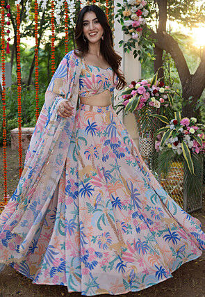 Digital Printed Georgette Lehenga in Cream