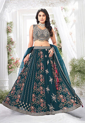 Digital Printed Georgette Lehenga in Dark Teal Blue