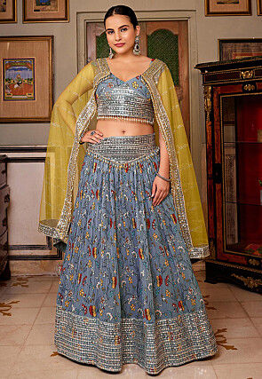Digital Printed Georgette Lehenga in Dusty Blue