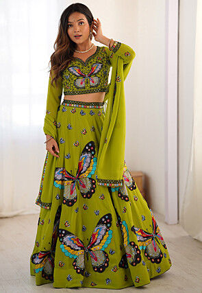 Digital Printed Georgette Lehenga in Light Green