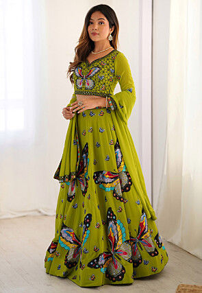 Digital Printed Georgette Lehenga in Light Green