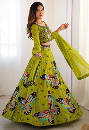 Digital Printed Georgette Lehenga in Light Green