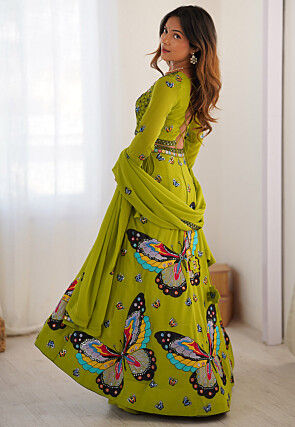 Digital Printed Georgette Lehenga in Light Green