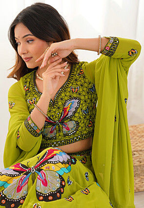 Digital Printed Georgette Lehenga in Light Green