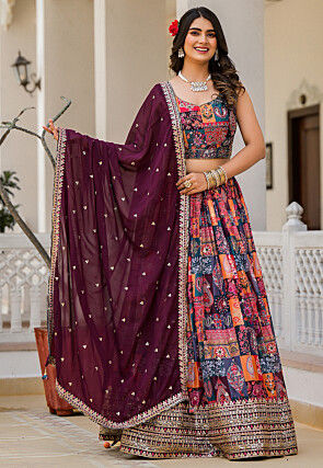 Digital Printed Georgette Lehenga in Multicolor