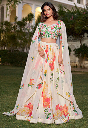 Digital Printed Georgette Lehenga in Off White