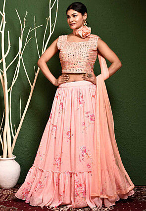 Digital Printed Georgette Lehenga in Pink