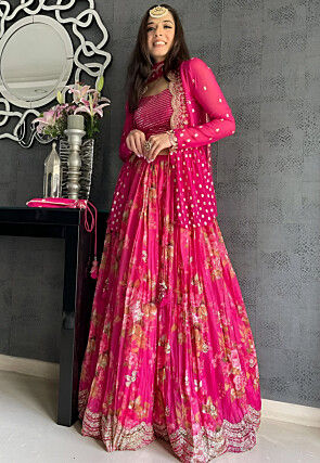 Digital Printed Georgette Lehenga in Pink