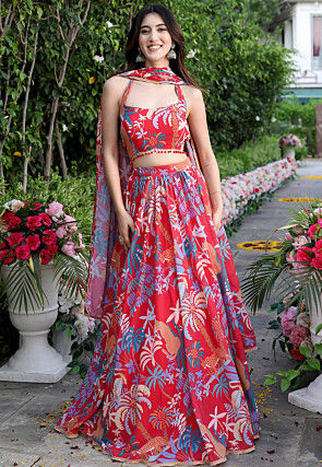 Digital Printed Georgette Lehenga in Red