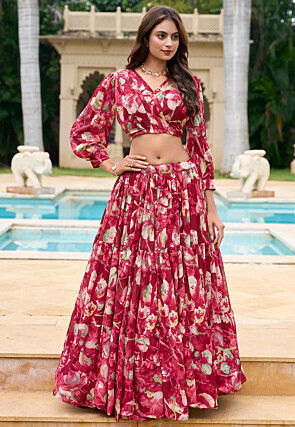 Digital Printed Georgette Lehenga in Red