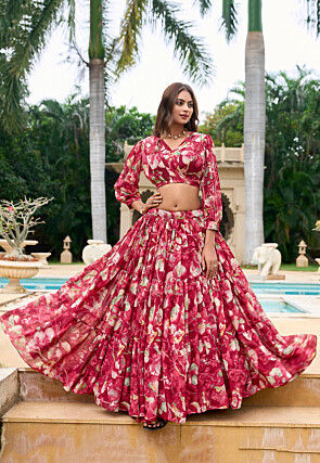 Digital Printed Georgette Lehenga in Red