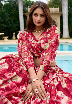 Digital Printed Georgette Lehenga in Red