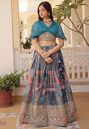 Digital Printed Georgette Lehenga in Teal Blue