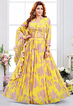Digital Printed Georgette Lehenga in Yellow