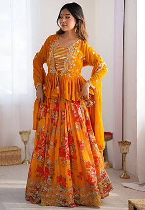 Digital Printed Georgette Lehenga in Yellow