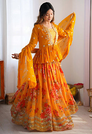 Digital Printed Georgette Lehenga in Yellow