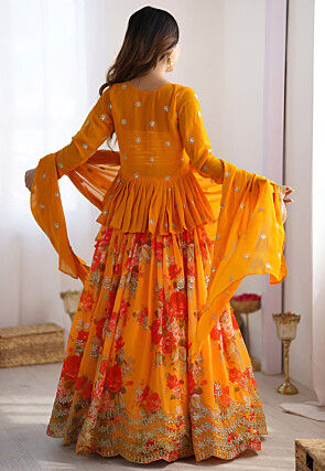 Digital Printed Georgette Lehenga in Yellow