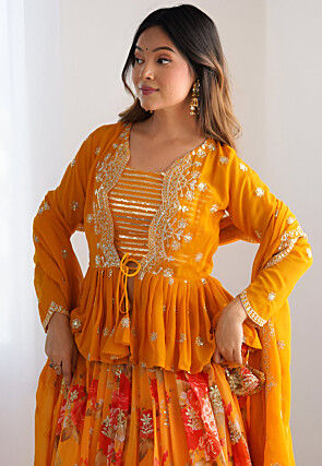 Digital Printed Georgette Lehenga in Yellow