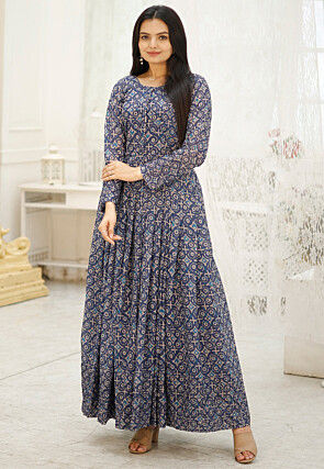 Digital Printed Georgette Long Kurta in Blue