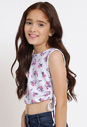 Digital Printed Georgette Lycra (Elastane) Crop Top in White