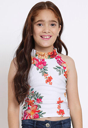 Digital Printed Georgette Lycra (Elastane) Crop Top in White