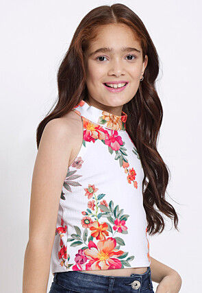 Digital Printed Georgette Lycra (Elastane) Crop Top in White