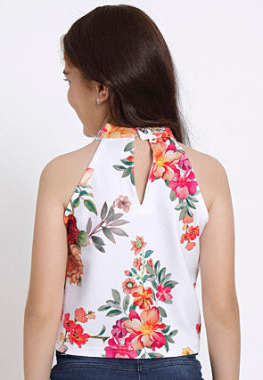 Digital Printed Georgette Lycra (Elastane) Crop Top in White