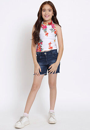 Digital Printed Georgette Lycra (Elastane) Crop Top in White