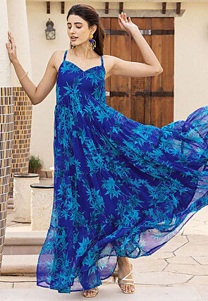 Digital Printed Georgette Maxi Dress in Blue
