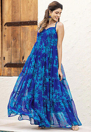 Digital Printed Georgette Maxi Dress in Blue