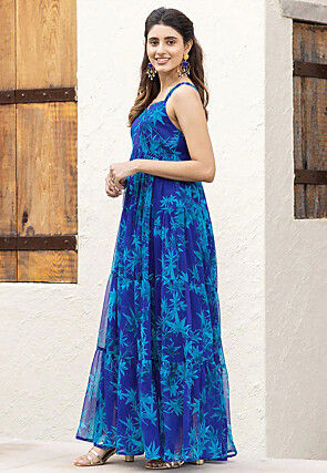 Digital Printed Georgette Maxi Dress in Blue
