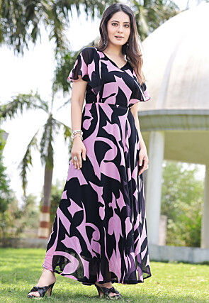 Digital Printed Georgette Maxi Dress in Navy Blue and Pink