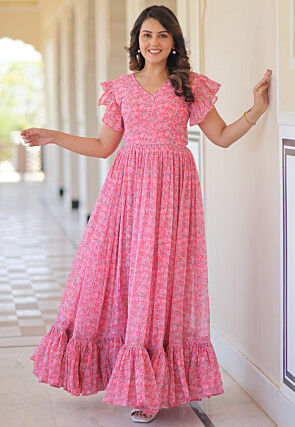 Digital Printed Georgette Maxi Dress in Pink