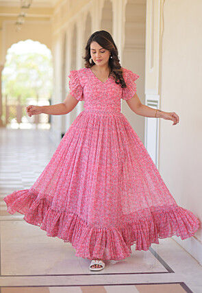Digital Printed Georgette Maxi Dress in Pink