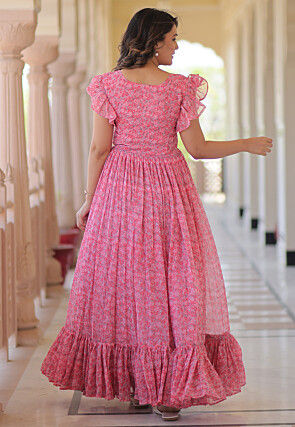 Digital Printed Georgette Maxi Dress in Pink