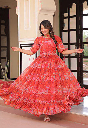 Digital Printed Georgette Maxi Dress in Red