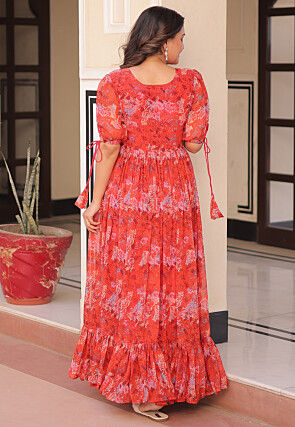 Digital Printed Georgette Maxi Dress in Red