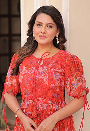 Digital Printed Georgette Maxi Dress in Red