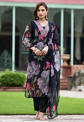 Digital Printed Georgette Pakistani Suit in Black