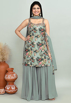Digital Printed Georgette Pakistani Suit in Dusty Green