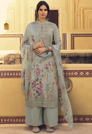 Digital Printed Georgette Pakistani Suit in Grey